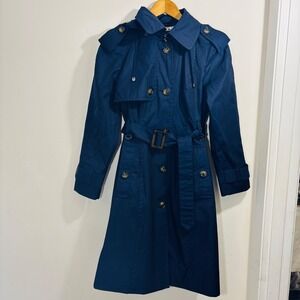 London Fog Navy Blue Hooded Waist Belt Trench Rain Coat Women's Size MP